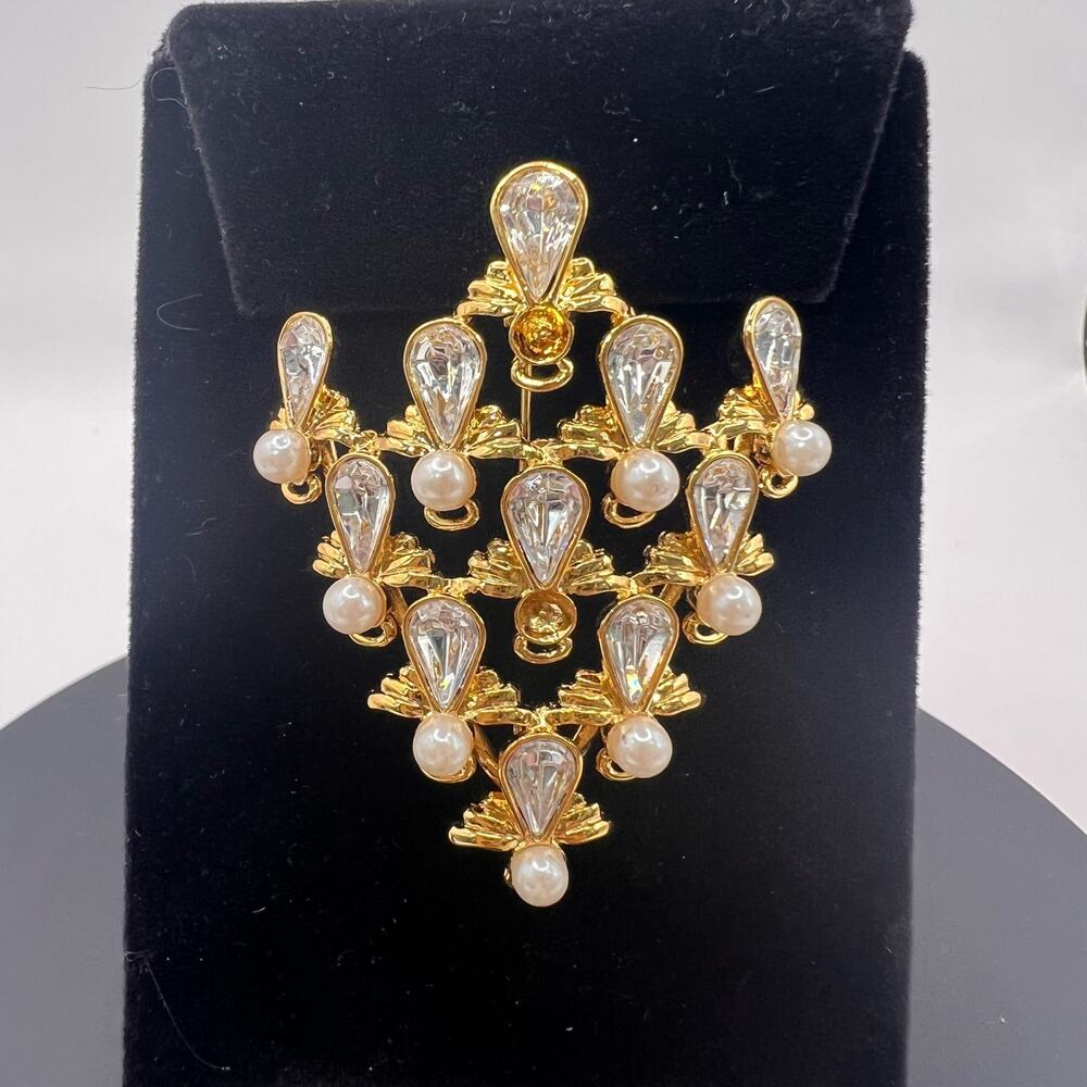 Vintage Gold-Tone Brooch with Clear CZ & Faux Pearl – Elegant Retro Wedding Pin